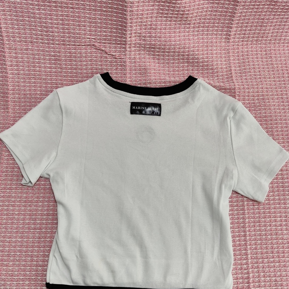 Marine Serre White Cropped Moon Logo Ringer Tee with Black Trim - Picture 7 of 8